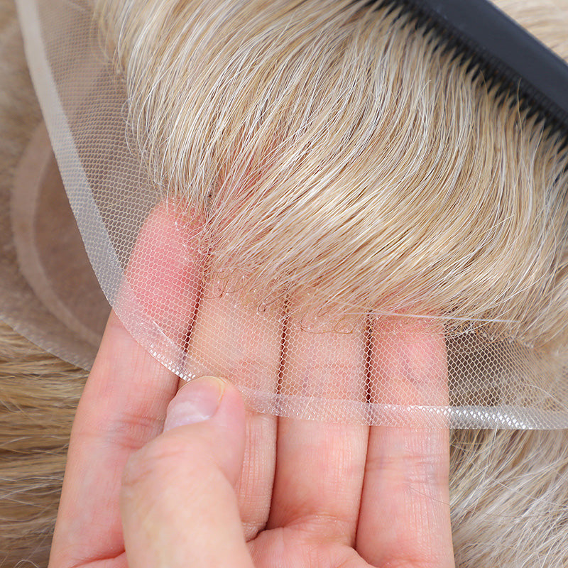 AHF-CM110 Fine mono with sides and back poly band, front wide swiss lace, Blond hair